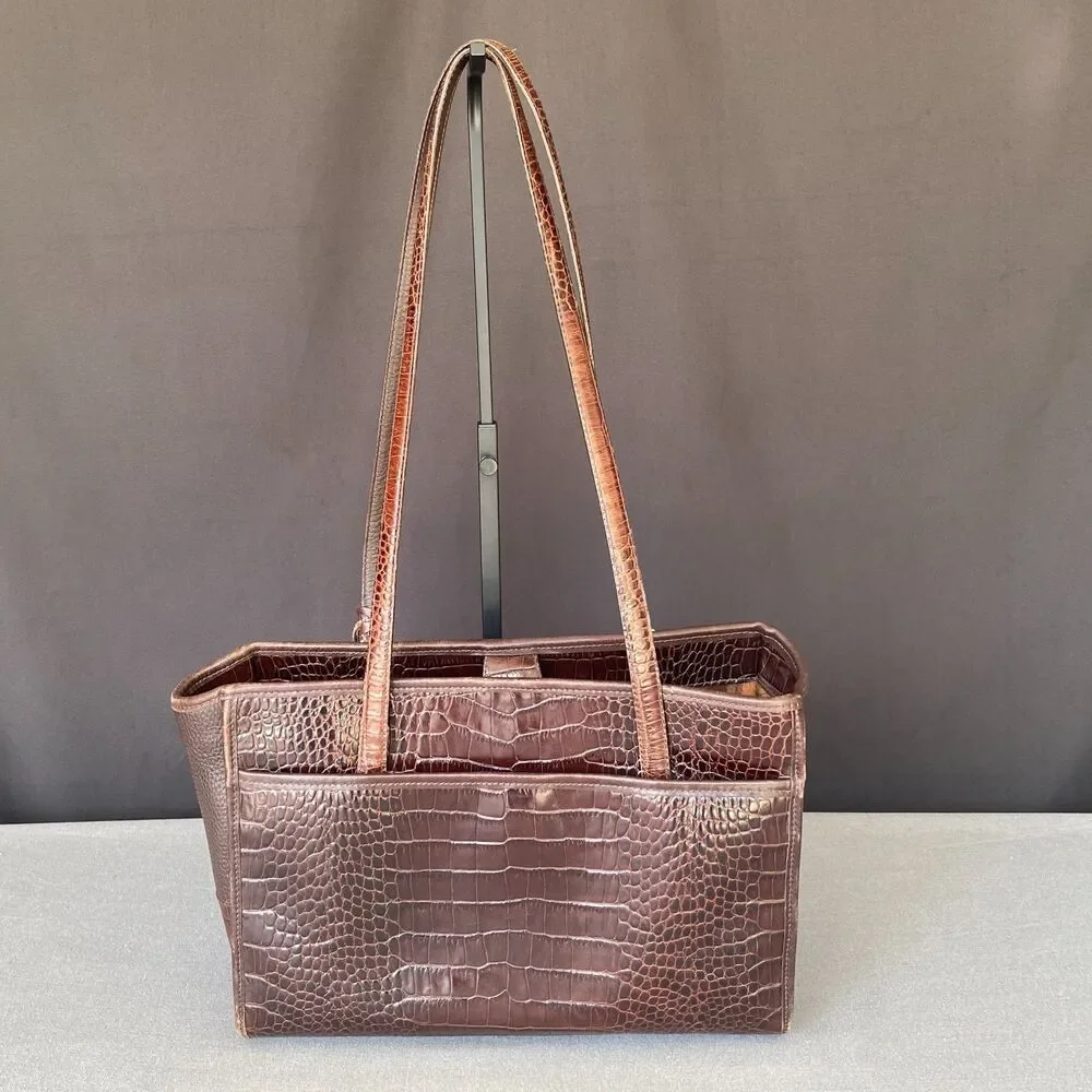 Brighton Brown Croc Embossed Leather Tote Shoulder Bag Heart Charm A459979